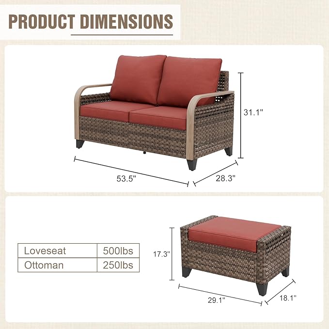 Modern Wicker Patio Furniture Set, Rattan Outdoor Conversation Set with Comfortable Cushions, 2 Seat Loveseat and 2 Ottomans, 3 Pieces, Brown/Red