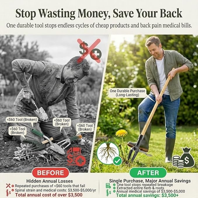 Stand Up Weeder Tool with Long Handle – Heavy Duty Manual Weed Puller – Root Remover Tool with 4-Claw Steel Head – Ergonomic Garden Weeding Tool for Lawn & Yard – No-Bend Dandelion Puller & Extractor