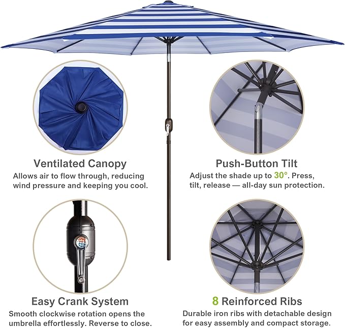 Blissun 10FT Outdoor Patio Umbrella, Outdoor Table Umbrella, Yard Umbrella, Market Umbrella with 8 Sturdy Ribs, Push Button Tilt and Crank