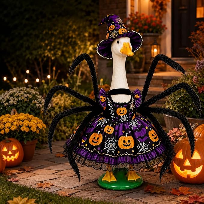 Halloween Porch Goose Outfits for 23'' Lawn Geese Statue, Pumpkin Porch Goose Outfit Costume with Dress Witch Hat Spider Wing, Outdoor Garden Goose Decor for Patio Yard Lawn Halloween Ornament