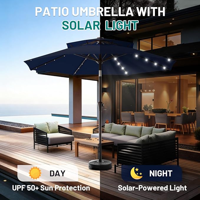 AreShark 9ft 2 Tiers Patio Umbrella with Solar Lights, Outdoor Umbrella w/ 32 LED Lights&8 Sturdy Ribs, Table Umbrella for Deck, Backyard, Pool(Navy)