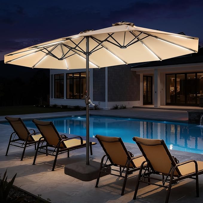 HOMSHADE 15FT Double Sided Umbrella with Light Bar and Base, Rectangle Oversized Patio Umbrellas, Extra Large Outdoor Table Umbrella for Pool, Patio, Garden (Beige)