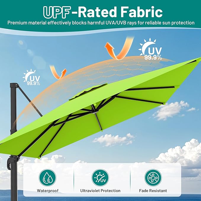 AreShark 9 × 9FT Square Cantilever Patio Umbrella with Base Included, 360° Rotation Offset Outdoor Umbrella, 5 Tilt Settings Heavy Duty Hanging Parasol for Deck Garden Pool, Apple Green
