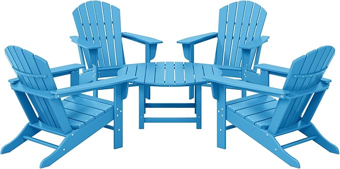 Costaelm Patio Conversation Set, Outdoor Chairs Set of 5 Balcony Firepit Furniture Outdoor Adirondack Round Table and Chair Backyard Furniture Set for Lawn Porch Pool Garden, Pacific Blue