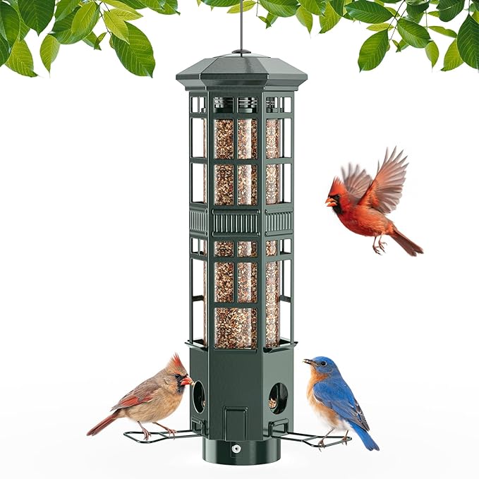 Squirrel Proof Bird Feeder for Outdoors, Chew-Proof & Weather Resistant, 3 Port, Gravity Spring Hanging Metal Bird Feeder, 3LB Large Capacity, Attract Wild Birds