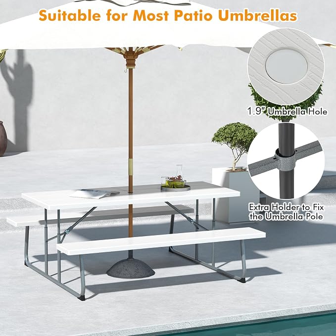 Tangkula 6 Ft Folding Picnic Table, Outdoor 8 Person Large Picnic Table Set with 2 Built-in Benches, Umbrella Hole, Metal Frame & HDPE Tabletop for Garden, Backyard (White)