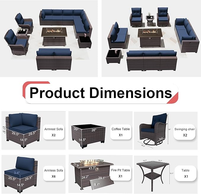 Patio Furniture Sectional Sofa Set 13-Pieces PE Rattan Swivel Rocking Chairs Patio Conversation Set w/43in Gas Fire Pit Table, Outdoor Furniture with Coffee Table, Navy Blue