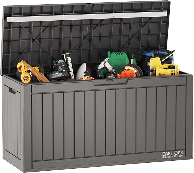 EAST OAK 120 Gallon Deck Box & 60 Gallon Deck Box, Outdoor Storage Box with Padlock for Patio Furniture, Patio Cushions, Gardening Tools, Pool Supplies, Waterproof and UV Resistant Resin, Grey