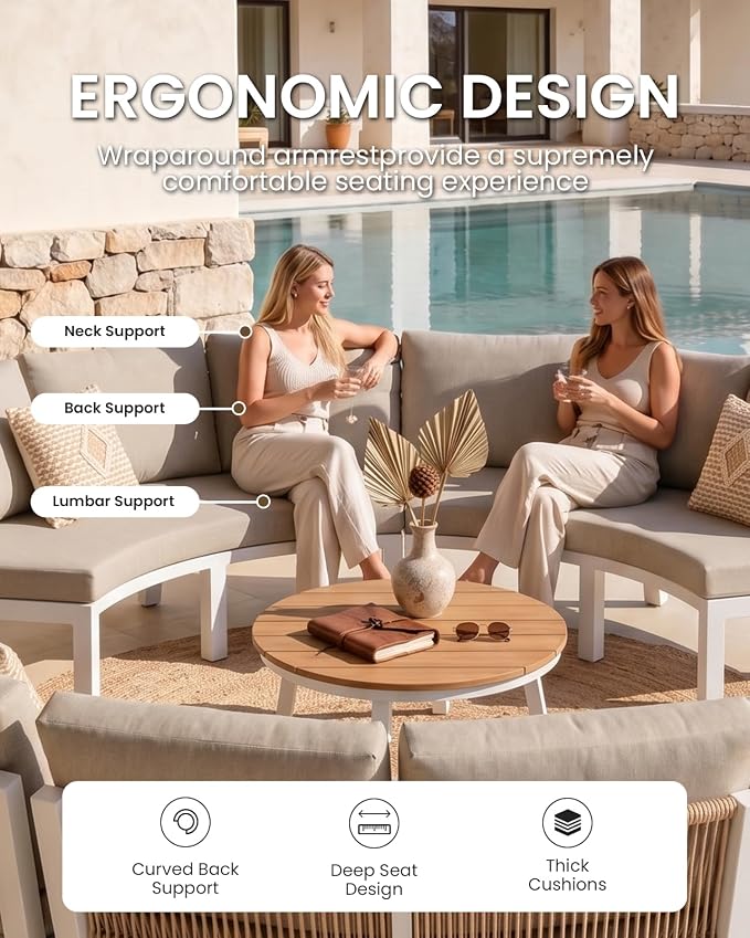 Patio Furniture Set, Aluminum Half-Moon Patio Conversation Sets, Luxury Curved Sofa with PE Rope, All-Weather 4 Piece Outdoor Sectional with Modular Coffee Table & Cushions, White