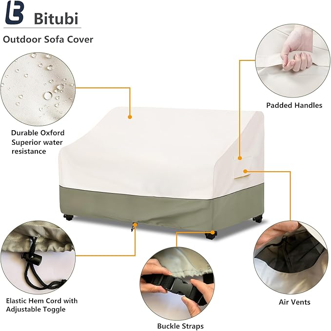 Bitubi Waterproof Patio Sofa Cover, Heavy Duty 3-Seater Outdoor Couch Cover Size Up to 85W x 38D x 35H Inches, Lawn Patio Furniture Covers with Air Vent (Beige)