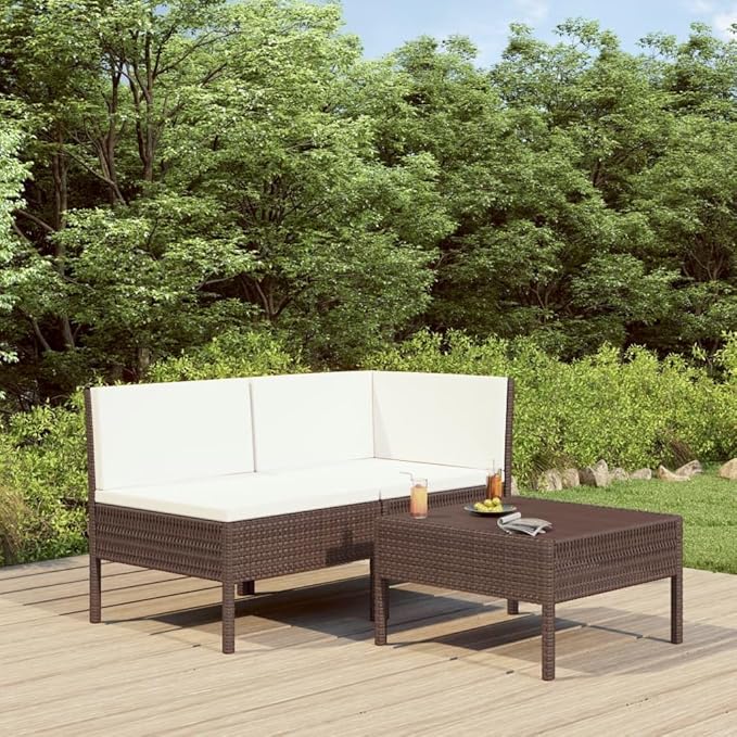 vidaXL Patio Furniture Set 3 Piece, Patio Conversation Set with Cushions, Outdoor Sectional Sofa with Coffee Table for Garden, Poly Rattan Brown