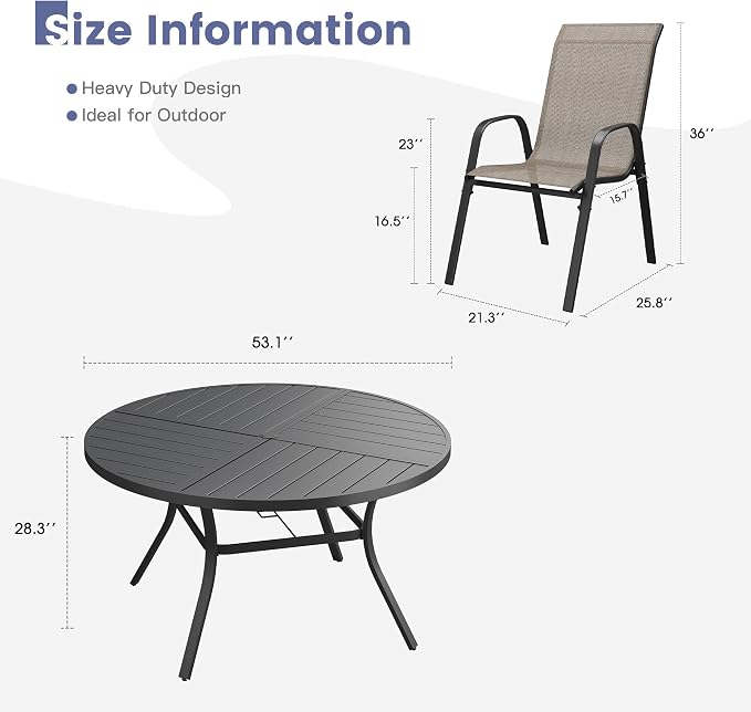 VICLLAX Round Outdoor Patio Dining Set for 8, Metal Slatted Patio Table with Umbrella Hole and 8 Stackable Patio Chairs for Deck Lawn Garden, Brown Fabric and Black Tabletop