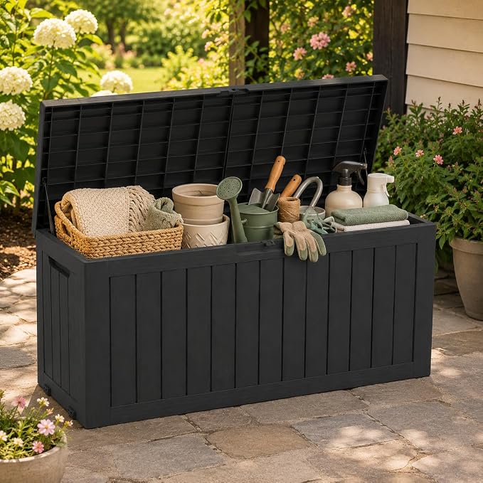 Outdoor Deck Patio Storage Box - 80 Gallon Resin Outside Storage Bin with Lid for Patio Cushions, Garden Tools, Pool Accessories & Backyard Toy Storage, Black