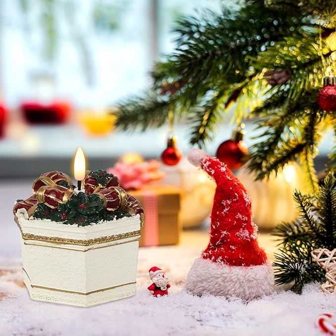 DRomance Christmas Flameless Candle Battery Operated with 6 Hour Timer Real Wax 3D Wick LED Flickering Pillar Candle Hand-Colored Painted Cake Gift Box Shaped Holiday Dinner Decor 3.5" D x 4.5" H