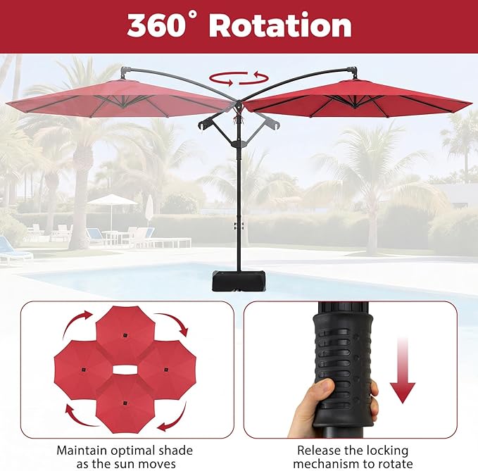 Tangkula 10ft Patio Umbrella with Base Included, Offset Cantilever Outdoor Umbrella with 360 Degree Rotation, Crank Handle, Sun-Protective Canopy for Pool Deck Garden Backyard (Red)