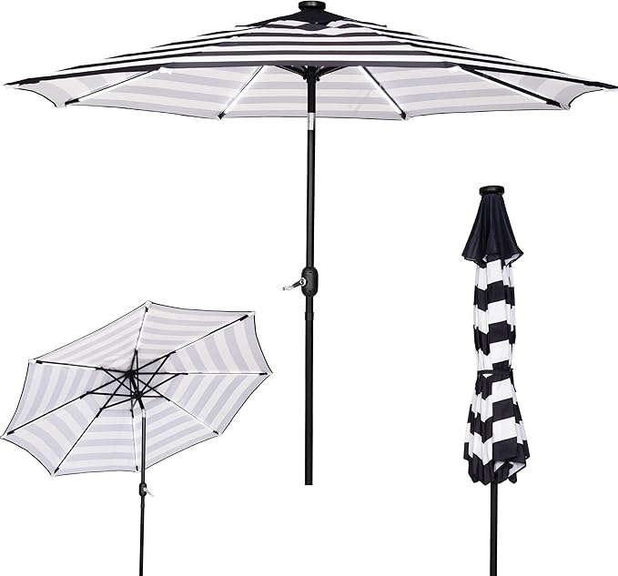 Sunnyglade 9FT Outdoor Solar LED Lighted Patio Umbrella with 8 LED Strip Lights & 8 Ribs, Convenient Crank Lift System