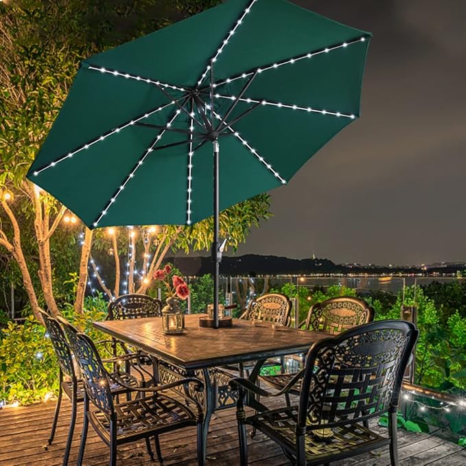 EliteShade USA 10-Year-Non-Fading 9ft Market Patio Umbrella, Commercial Grade Table Sun Umbrella with 80 Solar LED Lights, Crank Open, Windproof & UPF 50+ UV Protection for Garden, Deck, Pool, Backyard, Forest Green