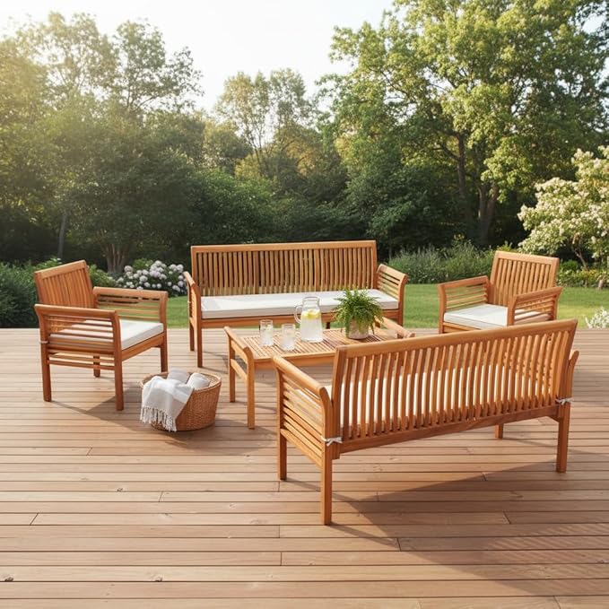 Tangkula 5 Pieces Acacia Wood Patio Furniture Set, Wood Outdoor Conversation Set with 3-Seat Bench, Loveseat, 2 Armchairs & Coffee Table, Cushioned Outdoor Sofa Set for Poolside, Porch, Balcony