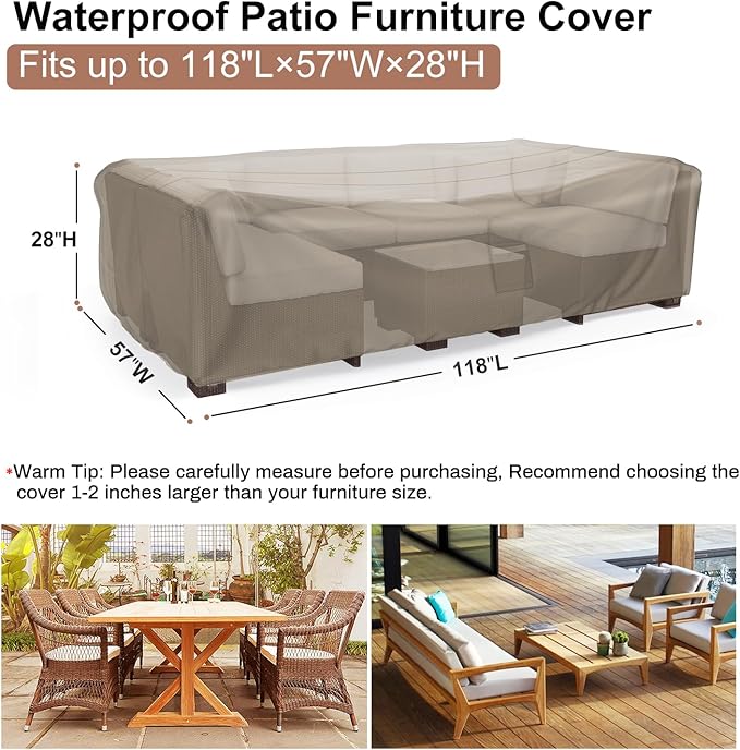 Mrrihand Heavy Duty Patio Furniture Covers, Outdoor Furniture Covers Waterproof Sectional Sofa Set , Patio Table and Chair Set Cover 118"L×57"W×28"H,Brown