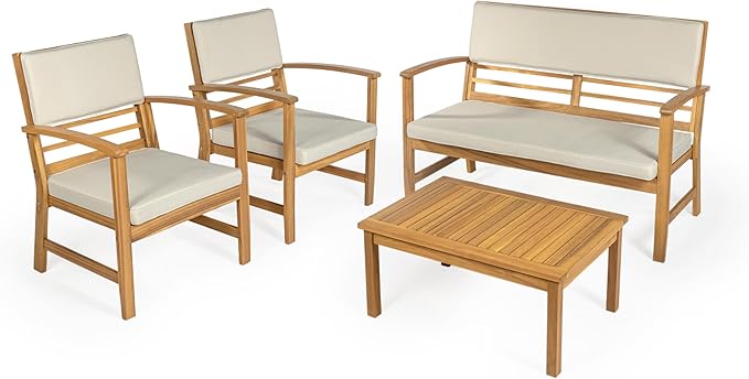 JONATHAN Y LVG1000A-4SET Barclay 4-Piece Modern Coastal Acacia Wood Conversation Outdoor Patio Set with Cushions Transitional, Classic, Traditional, Vintage, Mid-Century, Light Gray/Teak Brown
