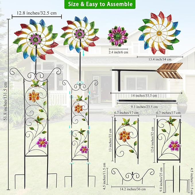 DREAMYSOUL Wind Spinner Outdoor, Colorful Wind Sculpture & Spinner, Weathervane with Decorative Trellis for Climbing Plants, Kinetic Wind Spinners for Yard