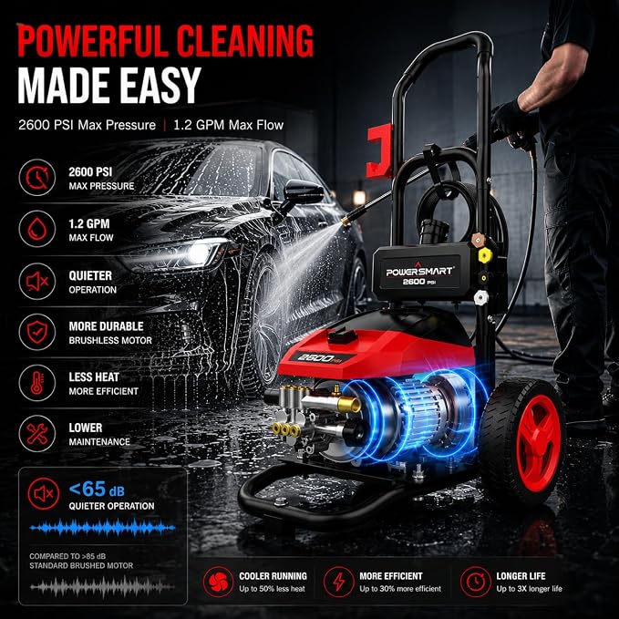 PowerSmart 3000 PSI Max Electric Pressure Washer-1.2 GPM Brushless Motor Power Washer with 5 Nozzles, GFCI Protection, 8” Wheels and Soap Tank, for Car, Patio, Fence, Driveway Cleaning