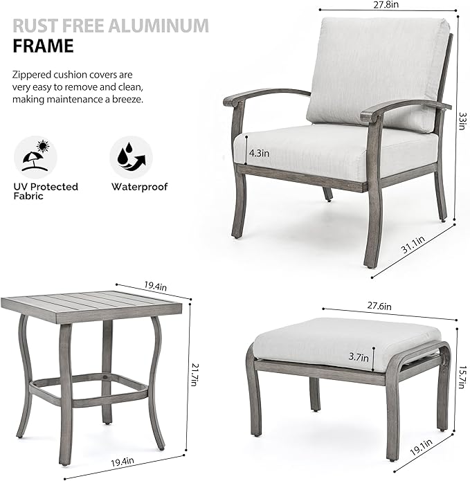 HAPPATIO 5 Piece Aluminum Outdoor Patio Furniture Set, Patio Chairs with Ottomans and Side Table, Balcony Furniture, Patio Conversation Set for Porch Garden (Gray)