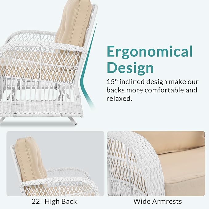 MEETWARM 4 Pieces Outdoor Wicker Patio Conversation Sets with Glider Loveseat, 2 Chairs with Coffee Table Wicker Rocking Glider Set, Rattan Conversation Set with Thickened Cushions, White/Beige