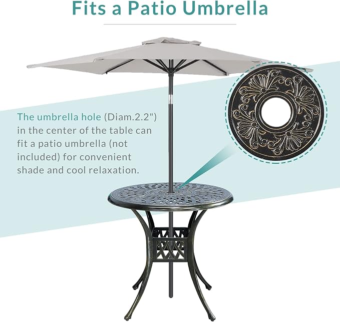 MEETWARM 3-Piece Outdoor Patio Dining Set, All-Weather Cast Aluminum Patio Conversation Set with 2 Cushions Swivel Rocker Chairs and 31" Round Table for Backyard Garden Deck, 2.2" Umbrella Hole