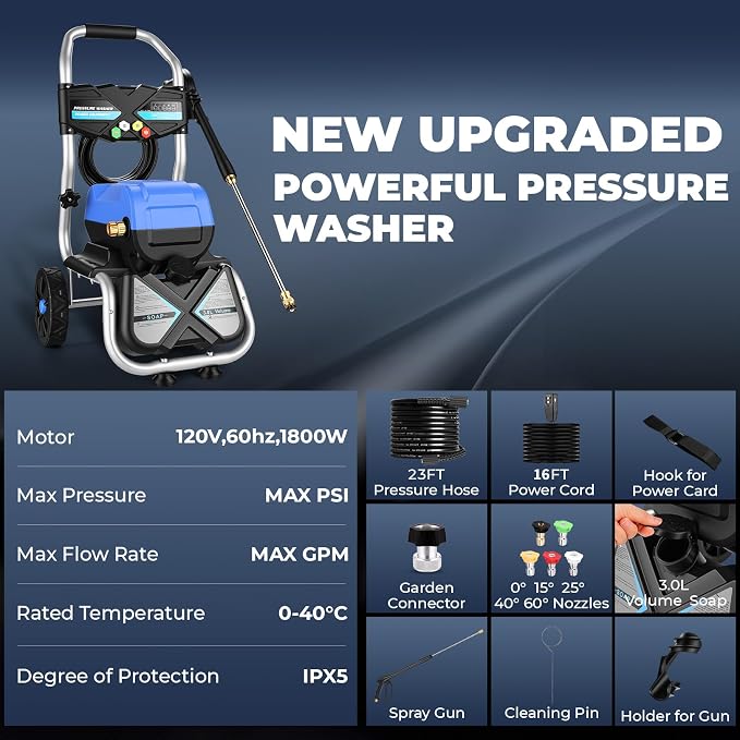 MAX+5000PSI+4GPM+3L Foam Bottle Electric Pressure Washer, Professional Electric Power Washer with 33FT Hose 5 Nozzles 8" Wheels, Commercial/Household/Removable Pressure Washer Electric Powered, Blue