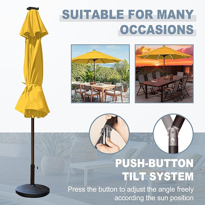 EliteShade USA 10-Year-Non-Fading 10ft Market Patio Umbrella, Commercial Grade Table Sun Umbrella with 80 Solar LED Lights, Crank Open, Windproof & UPF 50+ UV Protection for Garden, Deck, Pool, Backyard, Sunflower Yellow