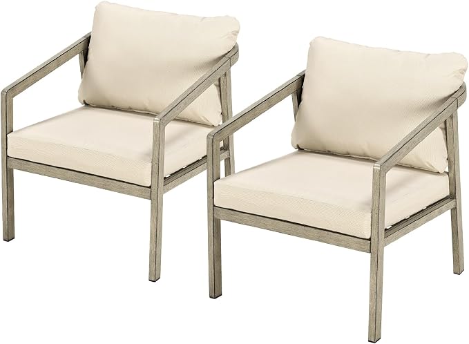 Patio Sofa Chairs Set of 2, Never-Rust Aluminum Outdoor Armchair with Thick Cushions, All Weather 2 Pieces Outdoor Club Chairs, Outdoor Sofa Chairs for Deck, Backyard, Porch, Gray Oak