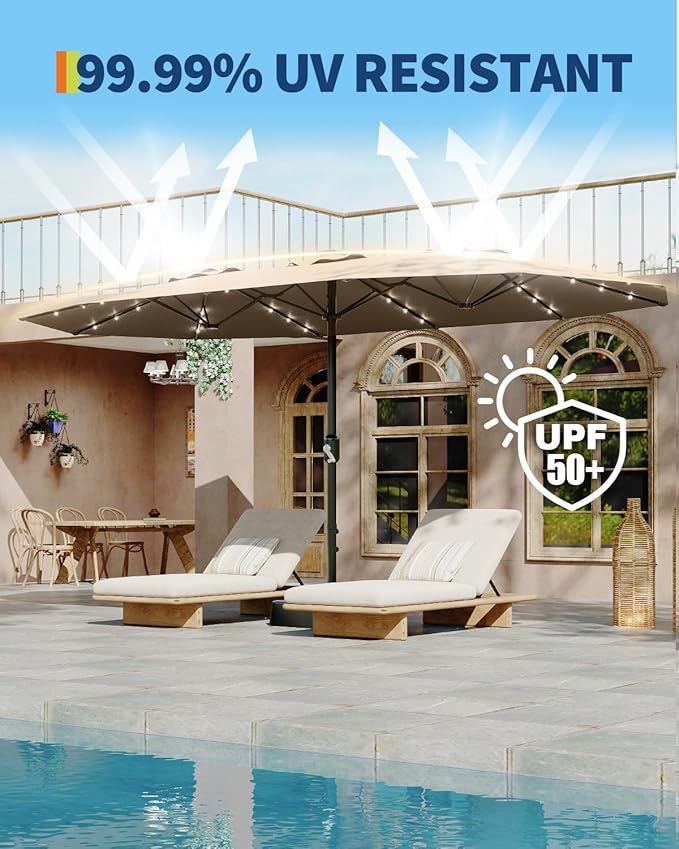 GarveeLife 15 ft Large Patio Umbrella with Lights, 36 LED Lights Double-sided Patio Umbrella with Weighted Base for Poolside Garden Backyard
