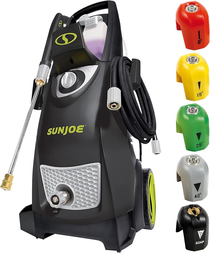 Sun Joe SPX3000-TPS + SPX3000 Electric Pressure Washer Quick-Connect Spray 5-Tip Set and Sun Joe Electric Pressure Washer, Portable Power Washer with Wheels