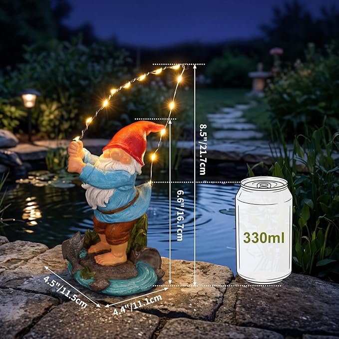 EXYGLO Solar Gnome Garden Statue Decor, 8.5" Fishing Gnome Outdoor Funny Decoration for Lawn, Patio, Yard, and Unique Housewarming, Birthday Ornament Gift for Mother, Friend, Family