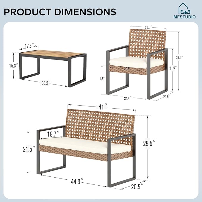 MFSTUDIO 4 Piece Wicker Patio Furniture Set, Small Patio Sofa with Loveseat & Chaise & Acacia Wood Table, Outdoor Sectional Couch with Wood Table, Beige