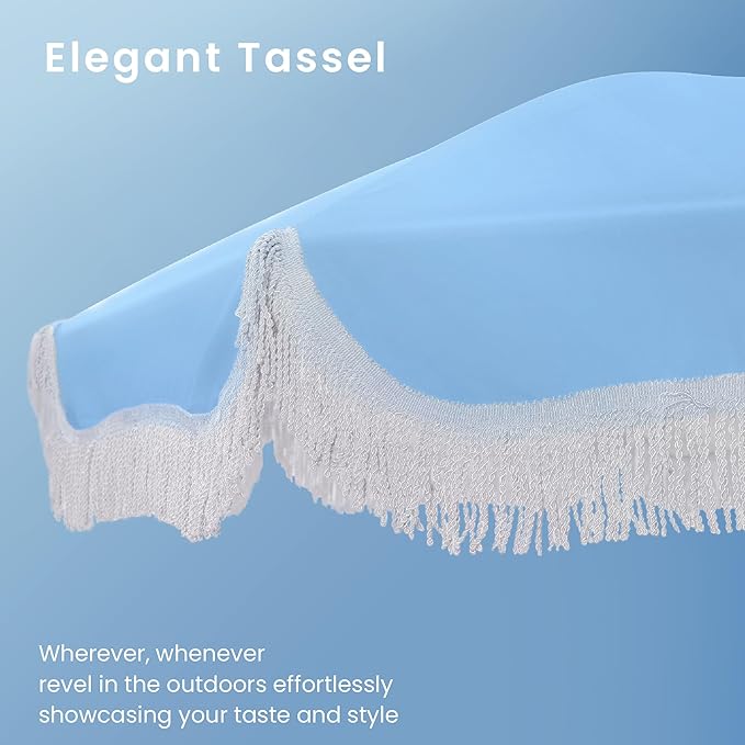 PHI VILLA 7ft Fringe Beach Umbrella with Sand Anchor, Outdoor Patio Portable Beach Umbrella for Sand with Tassels, Push Button Tilt & Carrying Bag, UPF 50+, Light Blue