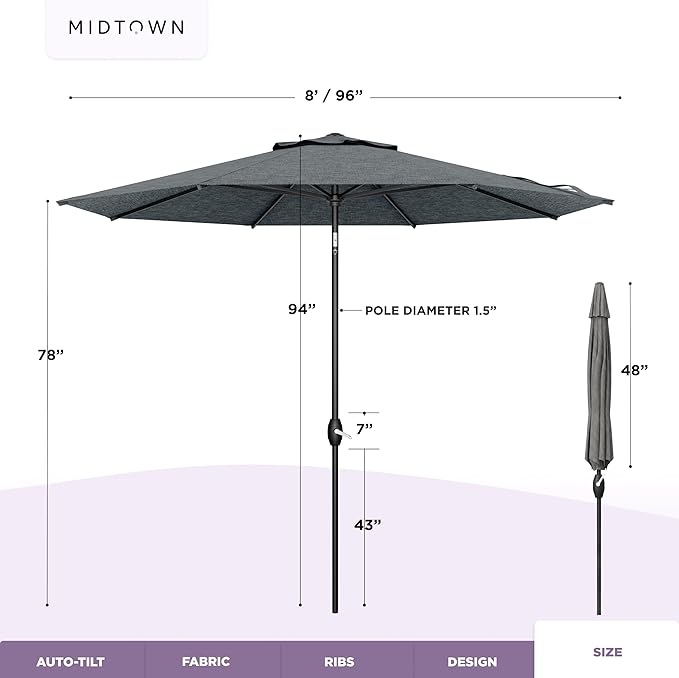 Midtown Umbrellas - The Lean 8 Ft Patio Umbrella with Fade-Resistant Sunbrella Fabric, Auto-Tilt Aluminum Frame and 8 Reinforced Ribs for Deck, Pool & Garden - Cast Slate Canopy, Black Pole