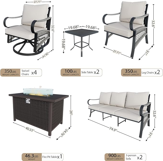 11 Pieces Patio Furniture Set, Metal Outdoor Conversation Sets with Fire Pit Table and Swivel Chairs for Backyard Garden Deck Porch Poolside (Thick Beige Cushions)
