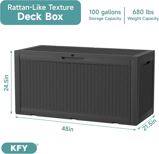 100 Gallon Waterproof Outdoor Storage Box, UV Resistant Resin Deck Box Perfect for Patio, Garden, and Pool (Black, 100 Gallon)