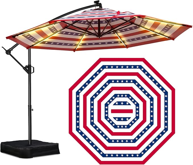 HOMSHADE 10 ft Offset Patio Umbrella with Solar Lights, LED Lighted Umbrella Outdoor Patio with Base Included, American Flag Umbrellas for Patriotic Decorations, Stars and Stripes Style