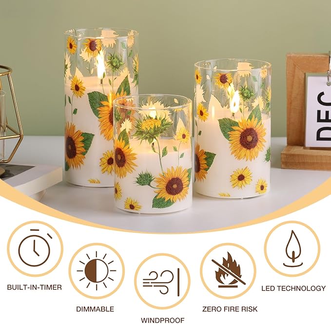 Sunflower Glass Flameless Pillar Candles with Remote, Flickering LED Battery Candles Spring Home Decor Set of 3