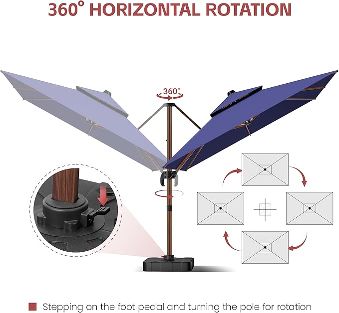 GENTEACO 10x13FT Rectangle Cantilever Patio Umbrella w/Base Included, Deluxe Wood Pattern Pole & 7 Angle Tilts, 360° Rotation, Offset Hanging Market Umbrellas for Garden Pool Patio, Navy Blue