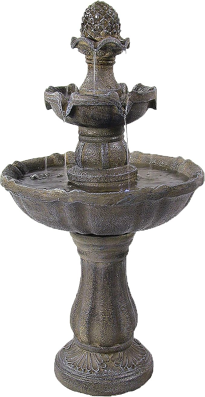 Sunnydaze 33" Pineapple 2-Tier Solar Powered Fountain with Rechargeable Solar Battery Backup for Garden, Patio, Yard or Balcony