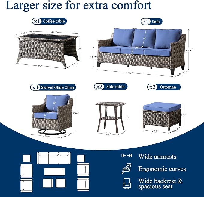 Luxury Patio Furniture sofa Set - 10 Pieces All Weather Wicker Outdoor Couch and High Back Swivel Rocker Patio Chairs with Glass coffee table for Deck Yard and Poolside Gray Wicker | Blue Cushions