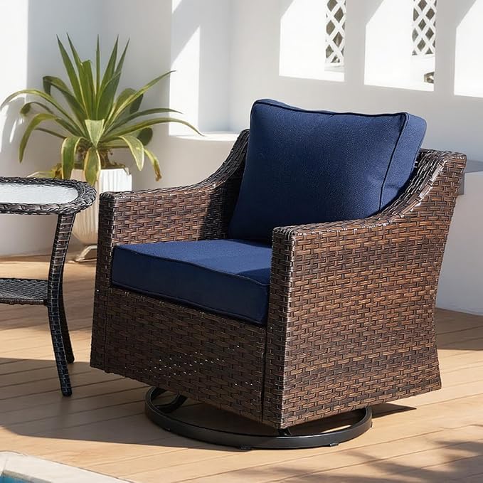 Luxury Outdoor Swivel Rocking Chair, Easy Assembly Patio Rocker for Porch Deck Balcony Yard Poolside in Brown Wicker and Blue Cushion
