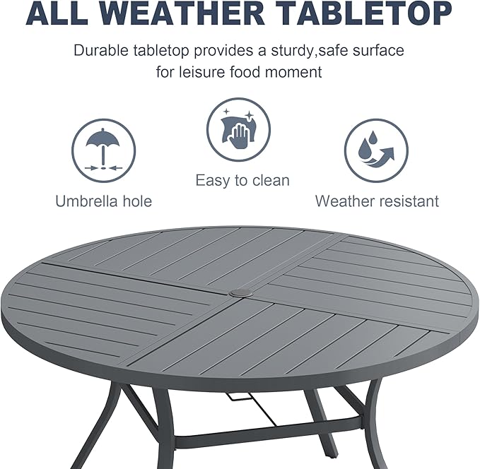 VICLLAX Patio 7 Pieces Outdoor Dining Set, 53" Round Metal Table with Umbrella Hole and 6 Swivel Textilene Chairs for Lawn, Garden, Porch, Dark Grey/Grey