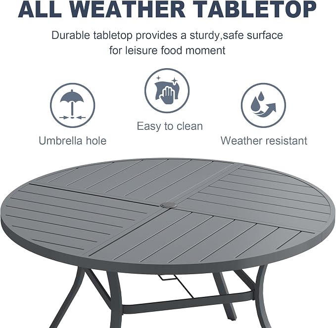 VICLLAX Patio 7 Pieces Outdoor Dining Set, 53" Round Metal Table with Umbrella Hole and 6 Swivel Textilene Chairs for Lawn, Garden, Porch, Dark Grey/Grey