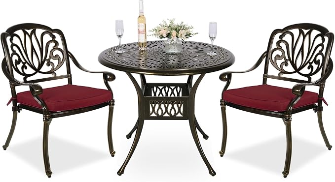 MEETWARM 3 Piece Patio Bistro Set, Outdoor All-Weather Cast Aluminum Dining Furniture Set Includes 2 Cushioned Chairs and a 35.4” Round Table with Umbrella Hole for Garden Deck, Chili Red