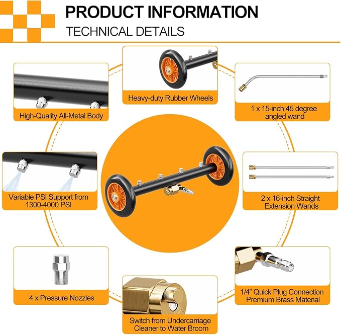 SPECILITE 16 Inch Undercarriage Pressure Washer Attachment for Cold & Hot Water Max 212℉, Power Washer Water Broom with 3 Extension Wands, Dual-Function Under Car Cleaner with 4 Nozzles, 4000 PSI